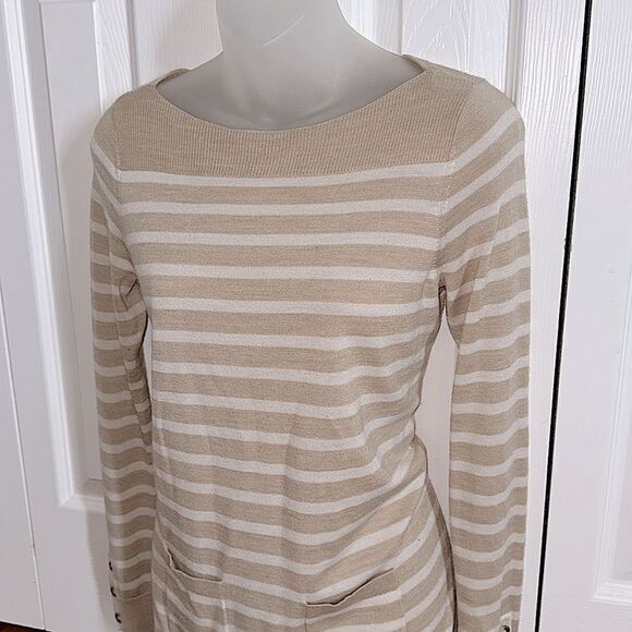 The Loft Ann Taylor Beige Tan White Striped Cardigan Shirt Top Blouse Small S - Picture 2 of 5